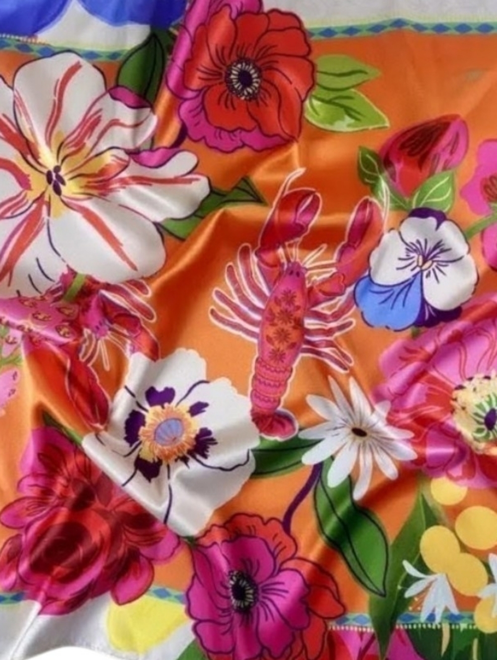 Vibrant Floral Satin Scarf - Multicolor Pink, Orange, Blue